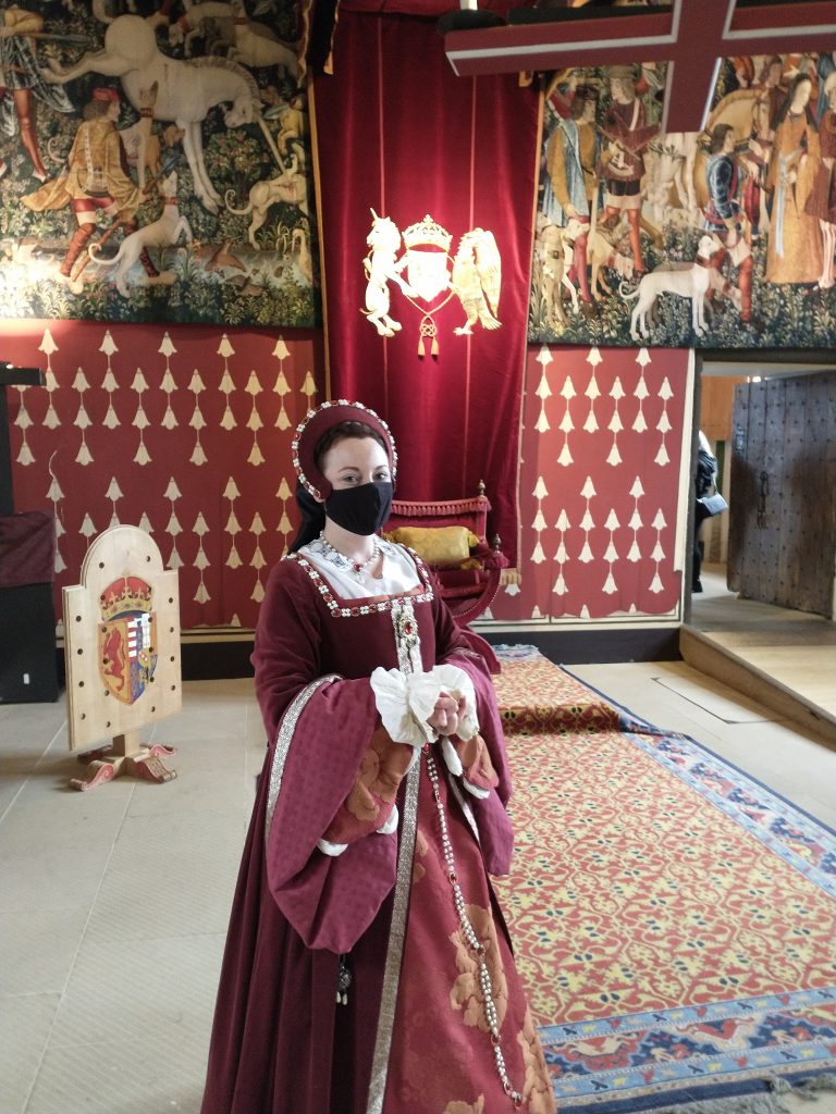 La Belle Ecossaise, complete with face mask, in Mary of Guise's throne room