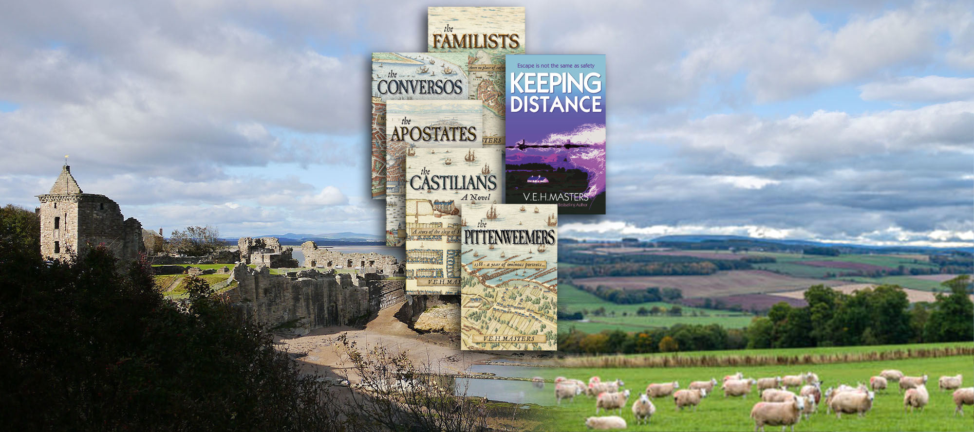 VEH Masters book covers, showing The Castilians, The Conversos, The Apostates, The Familists, The Pittenweemers and Keeping Distance.